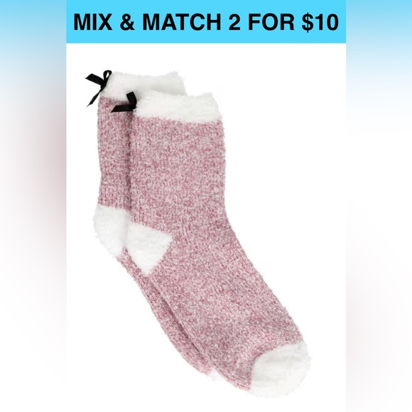 #x415 Snugadoo Plush Ankle Socks with Bow Pink Marled & White Fluffy Fuzzy Cabin - Picture 1 of 9